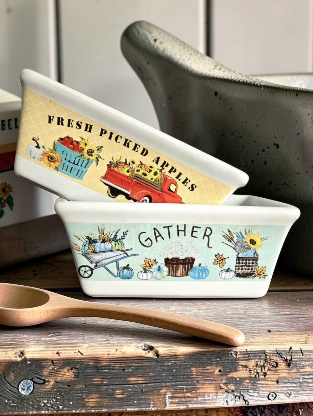 Set of 2 Royal Norfolk Fall Autumn Harvest Mini Loaf Pans Stoneware Grandma Core